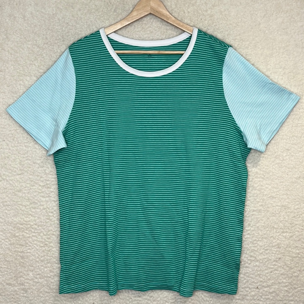 NWT Lands End Womens Global Green Stripe Short Sleeve Ribbed Crew Tee Size 1X